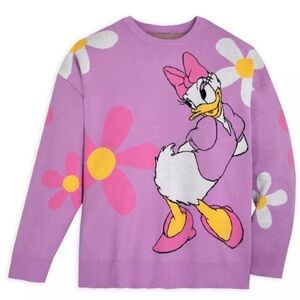 Disney Daisy Duck White and Pink Flowers Lilac Purple Sweater Size XL